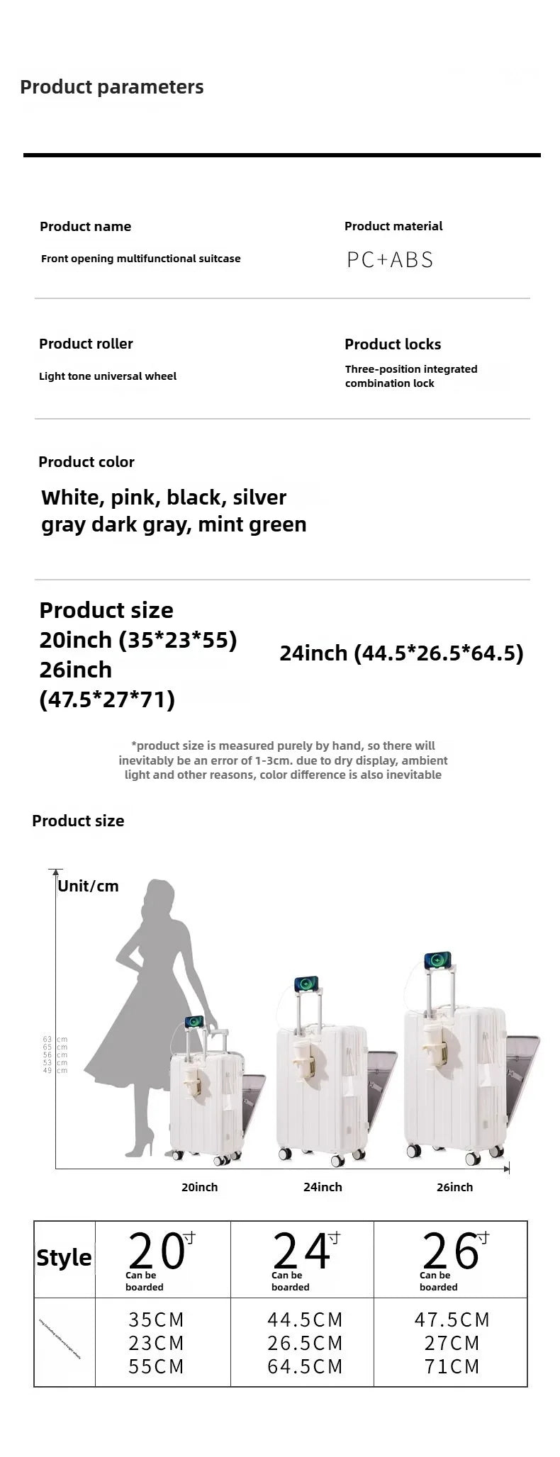 Multifunction Large Capacity Luggage Business Carry on Boarding USB Charging Cup Holder Front Opening Lid Trolley Suitcase