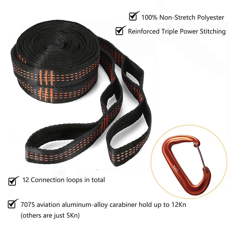 Outdoor hammock straps with more adjustable loops and ultra-length outdoor hammock straps and belts with 7075 alloy aluminum