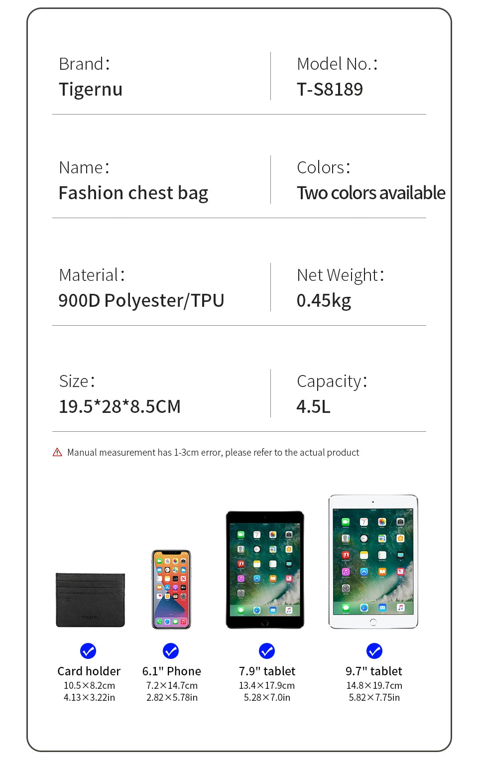 Tigernu Chest Bag For Men Cool Style Men Shoulder Bag 9.7inch IPad Bag Casual Male Crossbody Bag Lightweigt Mini Bags