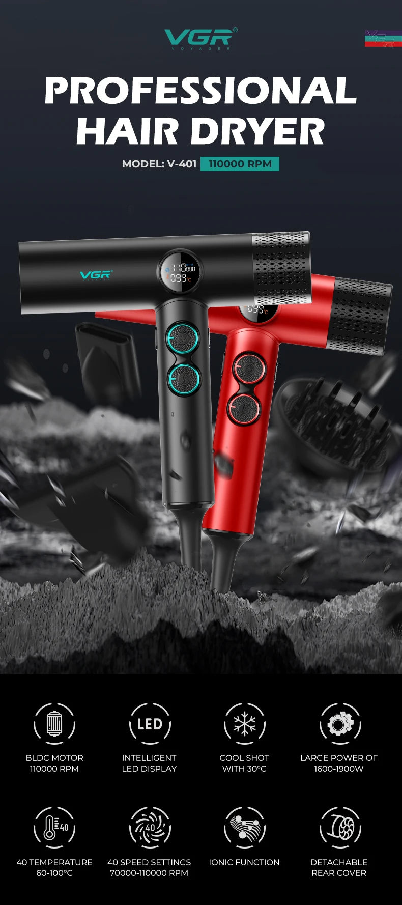 VGR Hair Dryers Professional Air Blower Negative Ion Hair Dryer 110000 RPM Hair Dryer Machine BLDC Motor Barber Salon V-401