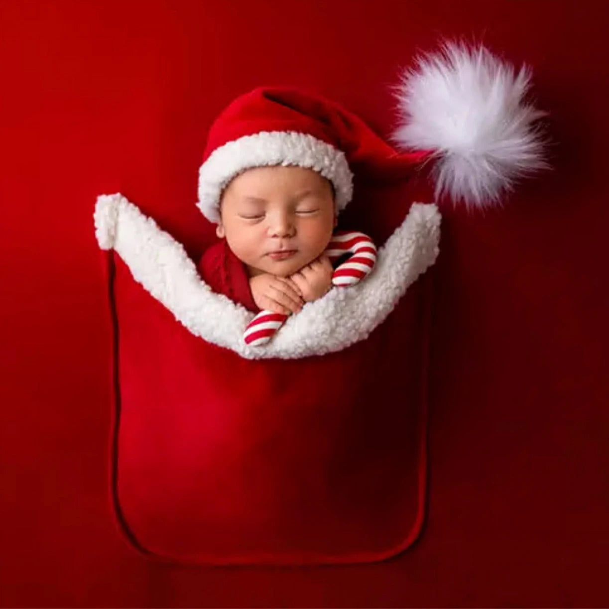 Newborn Photography Clothing Set Christmas Hat+Pocket Background Cloth 2Pcs Infant Studio Baby Photo Prop Accessory Santa Outfit