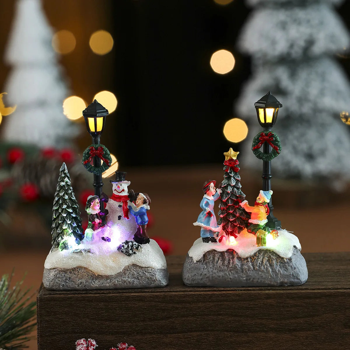 LED Light-emitting Christmas Decorative Ornaments Small House Micro Landscape Christmas Snowman Street Lamp Ornaments Xmas Gifts