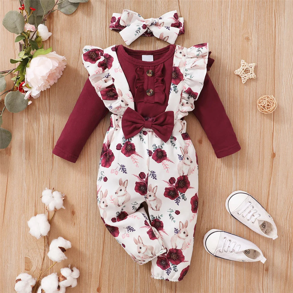 0-24 Months Newborn Baby Girl 3PCS Clothes Set Long Sleeve Romper+Flower Strap Pants+Headband Spring&Autumn Lovely Outfit