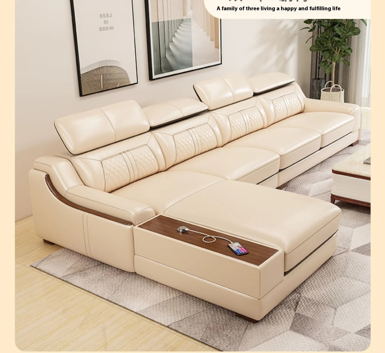 Stylish Italian Genuine Leather Sofa for Living Room with Cup Holder, USB, Adjustable Headrests & Bluetooth Speaker - Lazy Sofa
