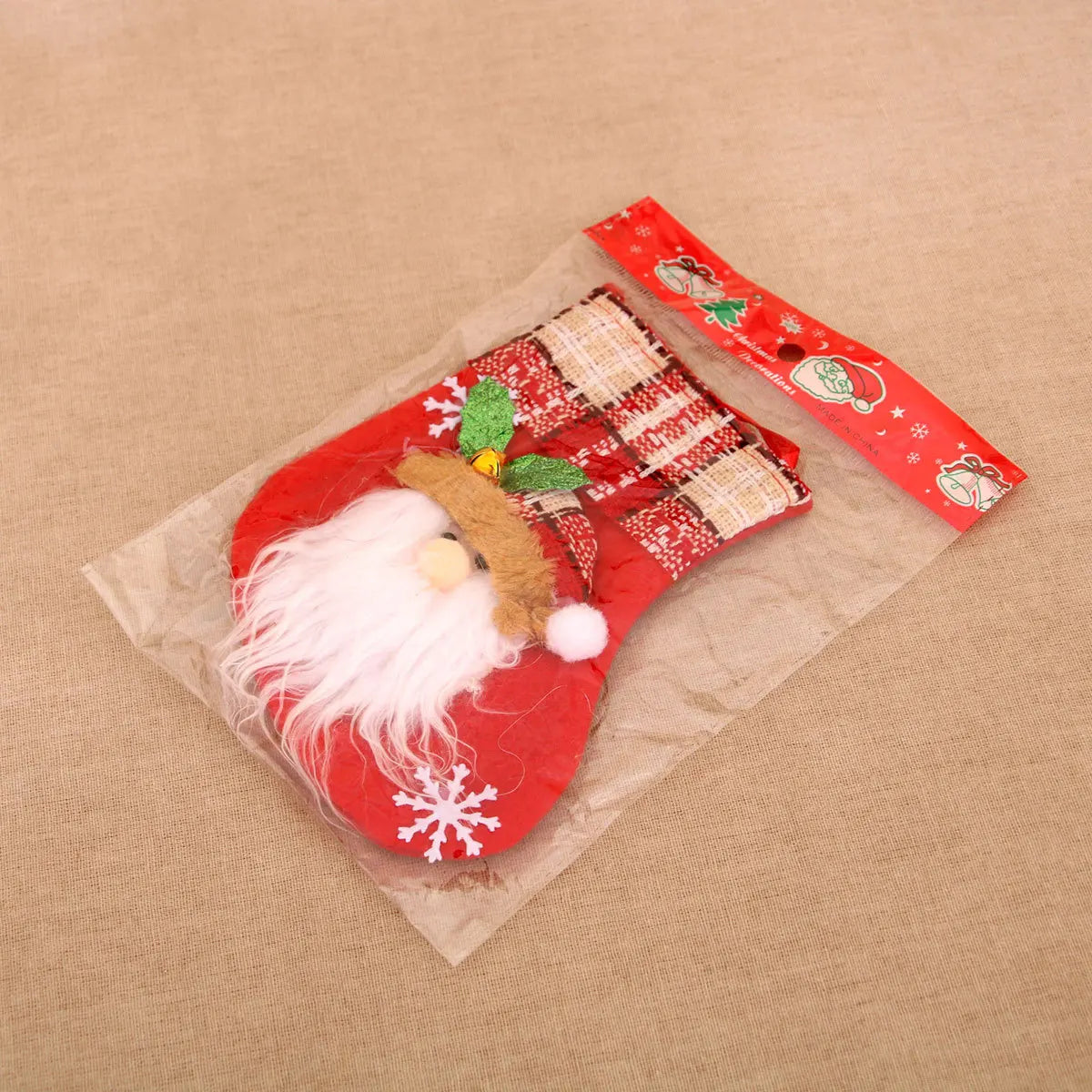 4PCS Red Christmas Stocking Brown Plaid Sock Mouth Santa Claus Snowman Reindeer Bear Doll Christmas Stocking New Year Home Decor