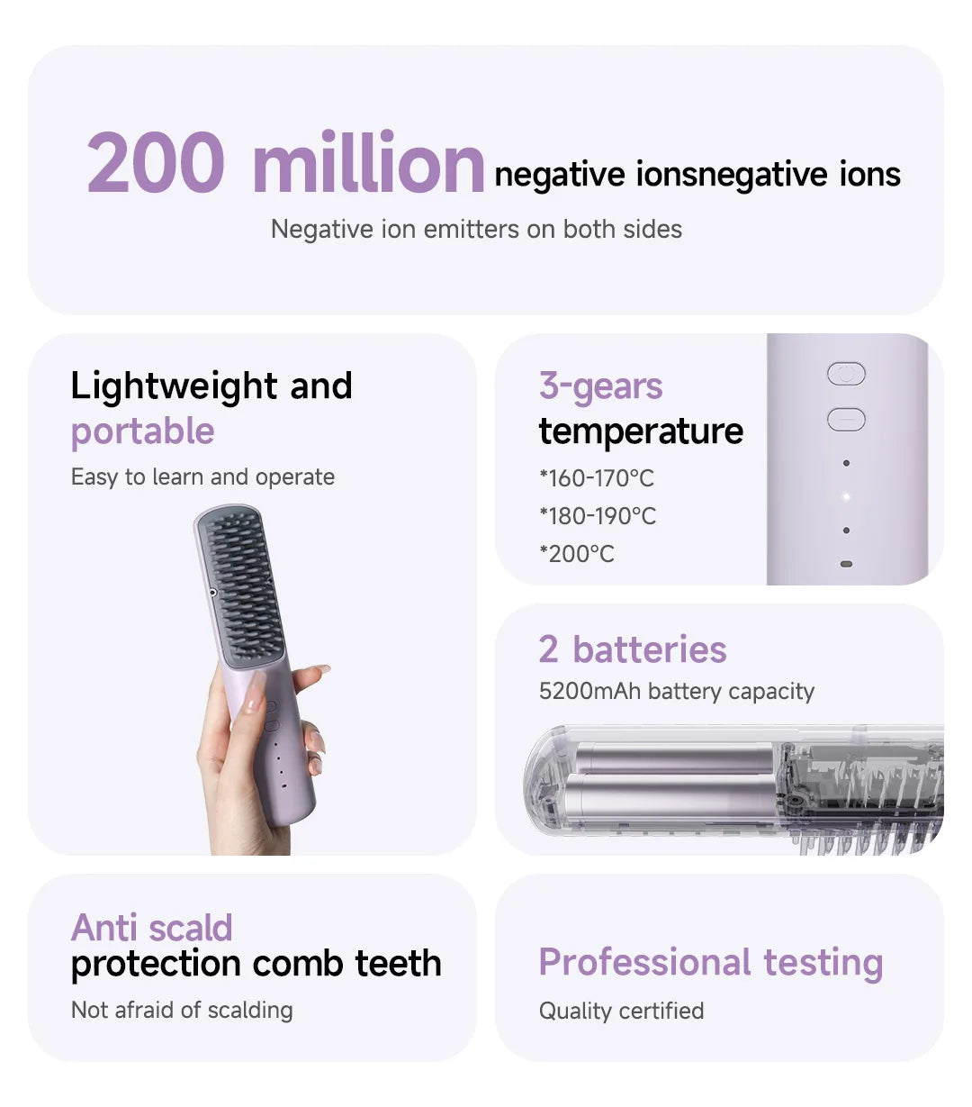 DOCOLAB Cordless 2-in-1 Straight Hair Comb & Curler Negative Ion USB Charging 30s Heat Up Travel-Friendly Styling Brush