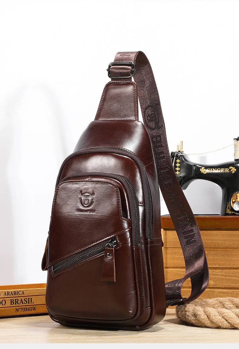 BULLCAPTAIN 2023 The Latest Men's Leather Chest Bag Large Capacity Casual Men's Messenger Bag Classic Leather Chest Bag XB 127