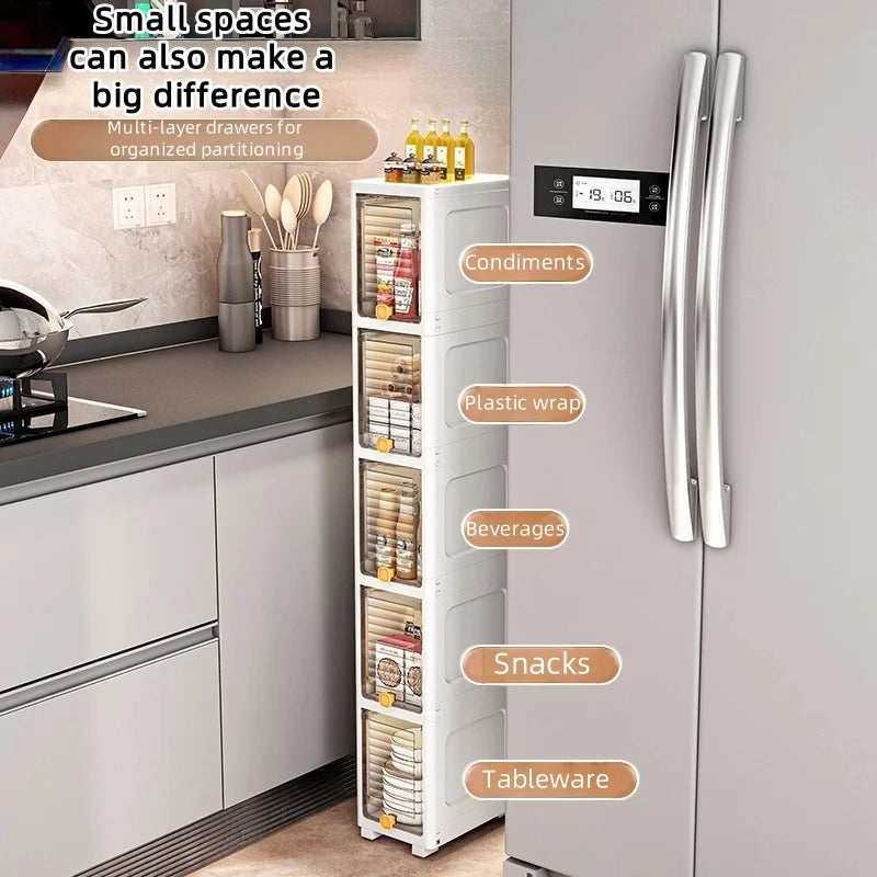 19cm Narrow Cabinet with Flip Lid  Large Capacity Adjustable Shelves Organizer for Kitchen Bathroom Bedroom Living Room