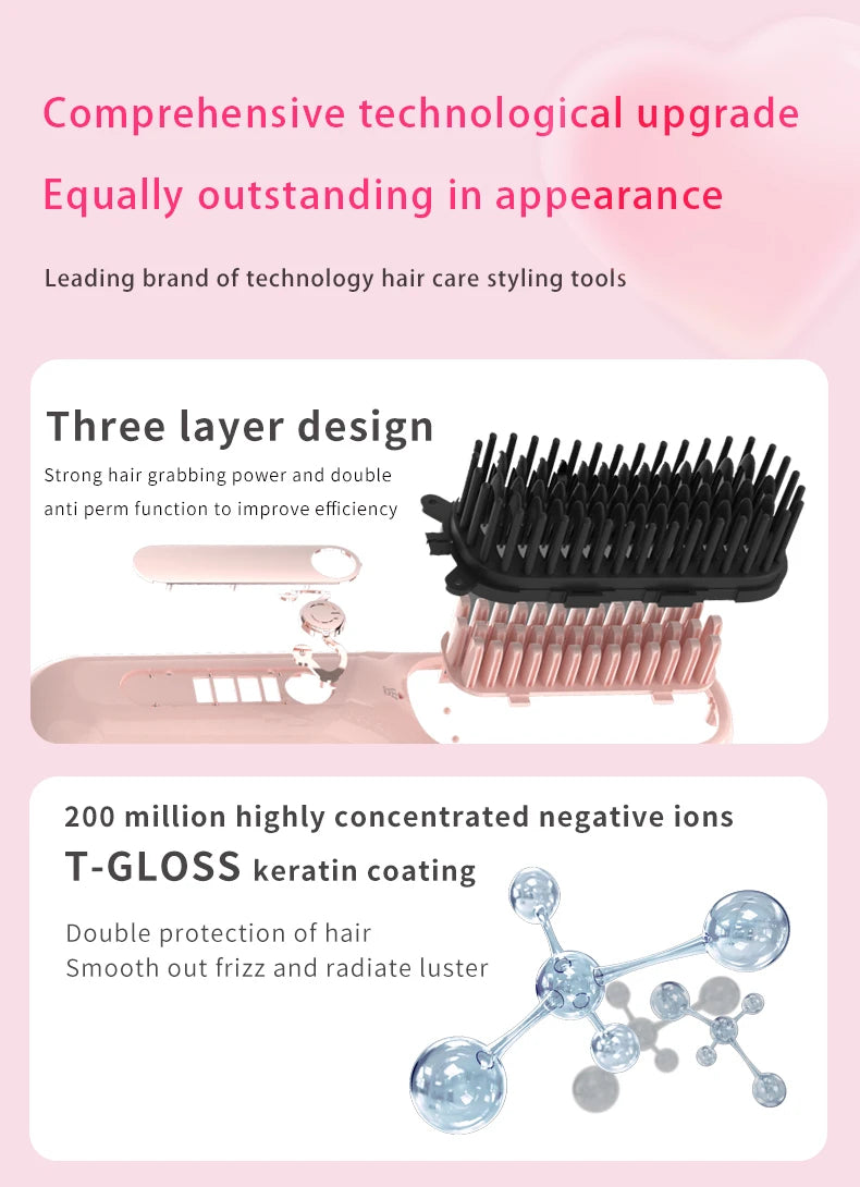 Negative Ion Hair Straightening Brush,360° Flexible Teeth,Fast Heat with 3 Adjustable Temperatures,Safe Anti-Scald Protection