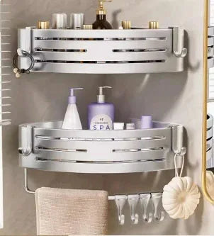 No Drill Bathroom Corner Shelf Wall Mounted Shower Corner Shelves with Hook Towel Bar Space Aluminum Bathroom Organizer Rack