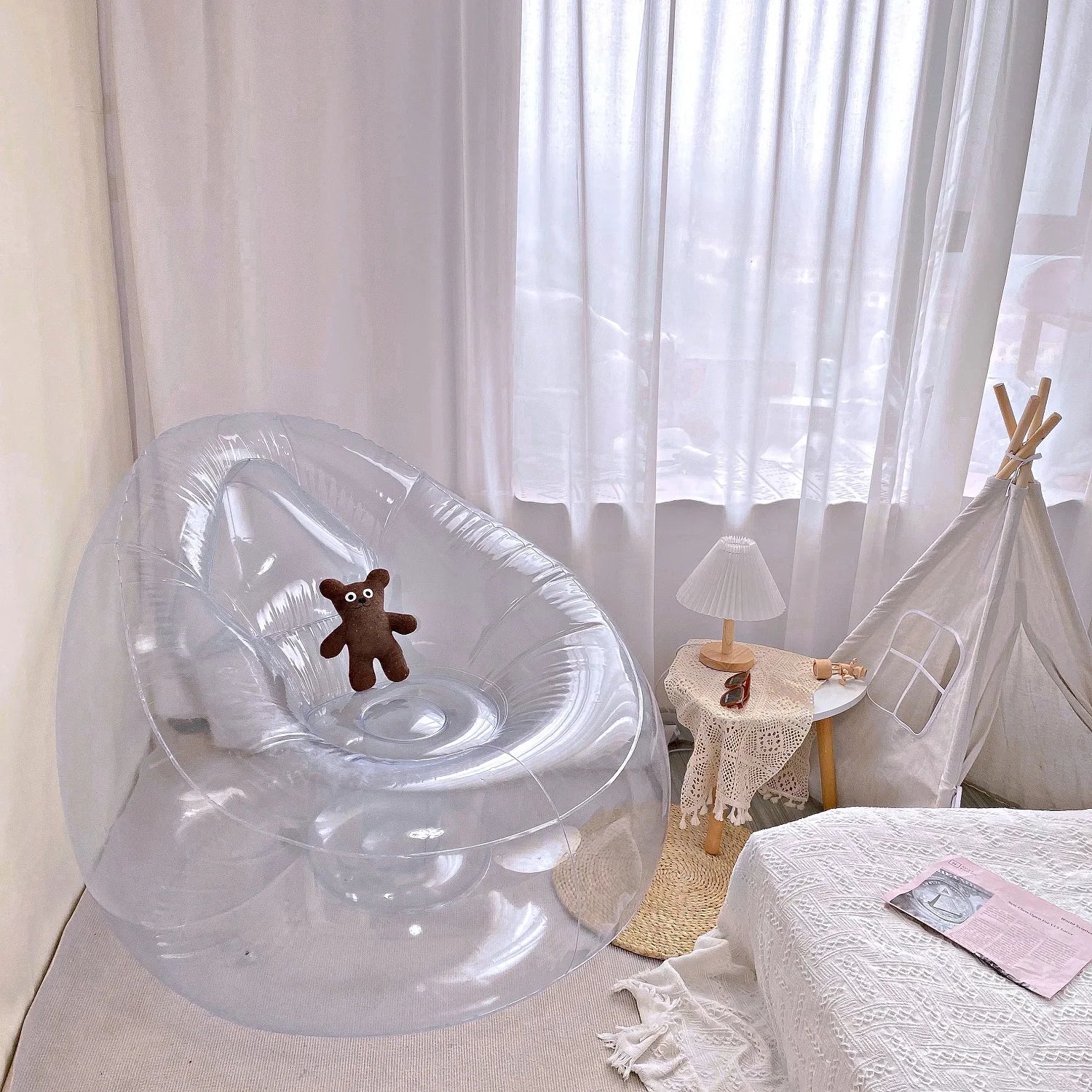 Transparent Inflatable Lounge Chair, Indoor and Outdoor Clear PVC Inflatable Single Sofa for Adult