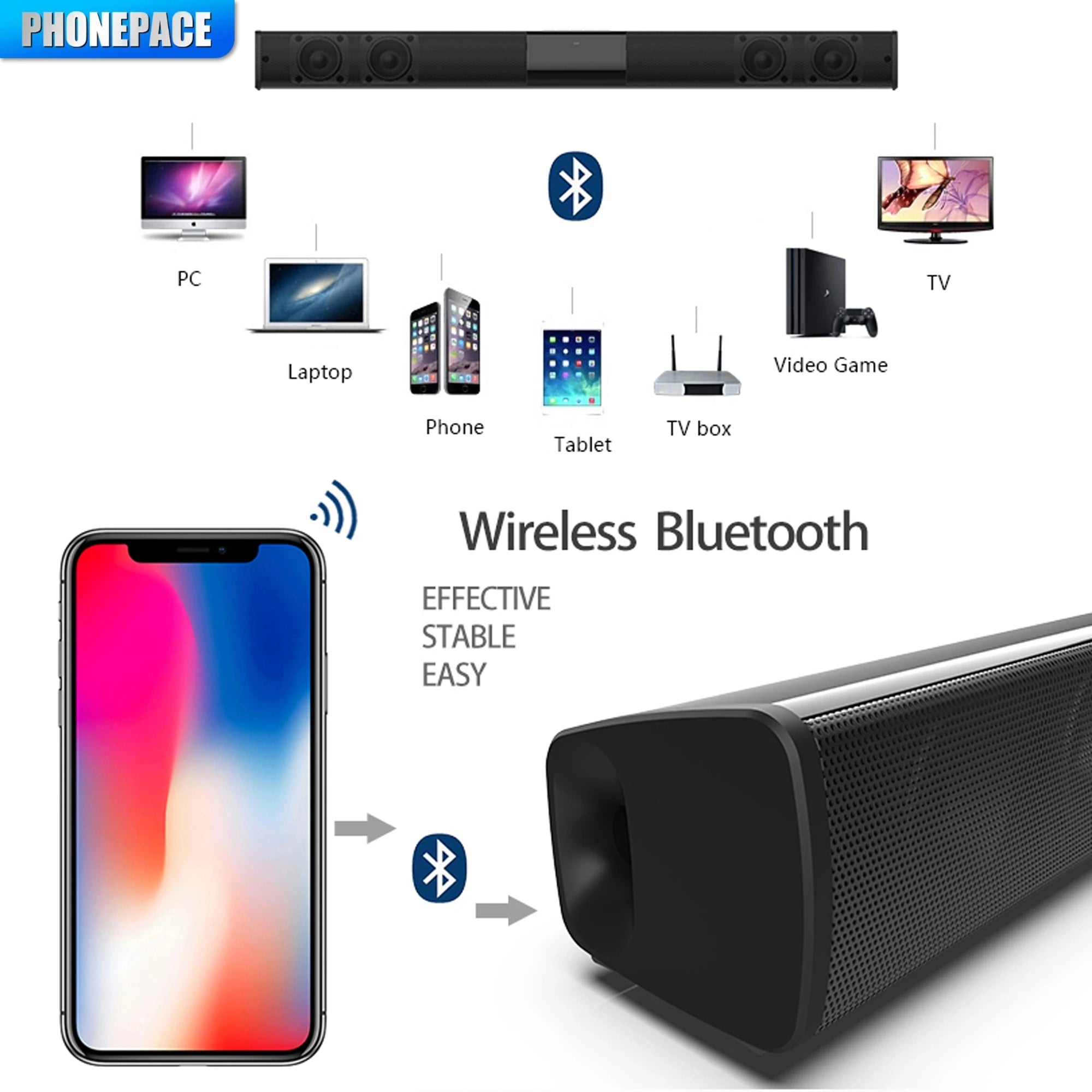 PHONEPACE Wireless Bluetooth Sound bar Speaker System Super Power Speaker Surround Stereo Home Theater TV Projector