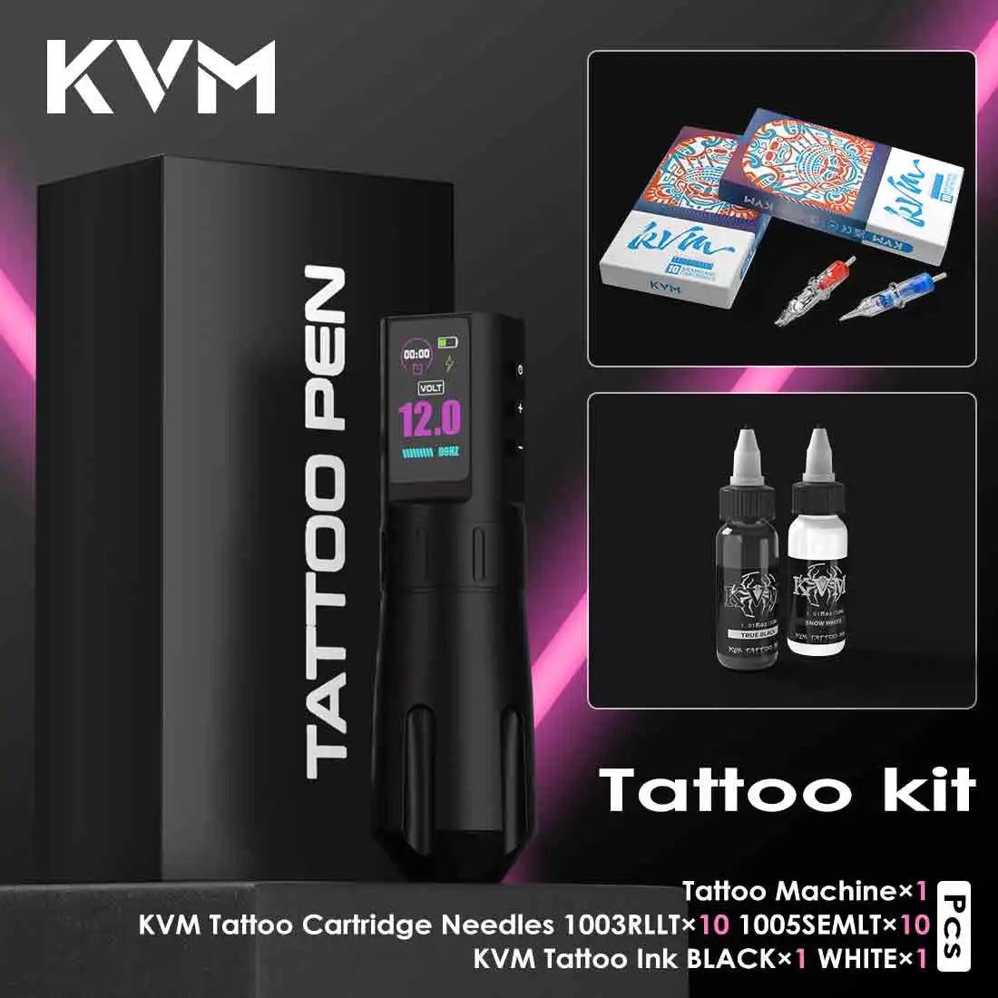 KVM Wireless Tattoo Pen Kit Tattoo Gun Kit Dual Mode Direct Drive IPS Screen Timer Function Battery 1800mAh Tattoo Machine Kit