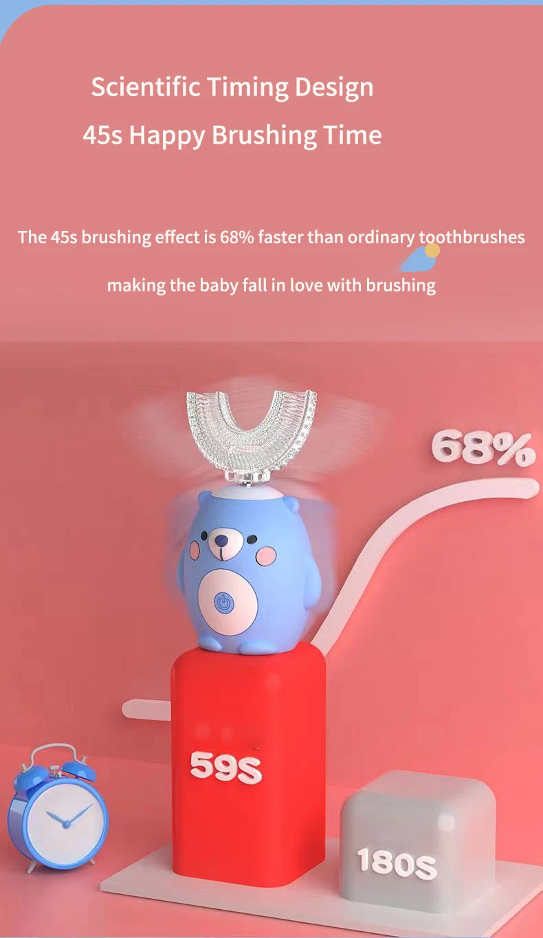 360° Sonic Electric Toothbrush for Kids Children U Shape Automatic Silicone Tooth Brush Smart Timer Rechargeable Blue Light IPX7