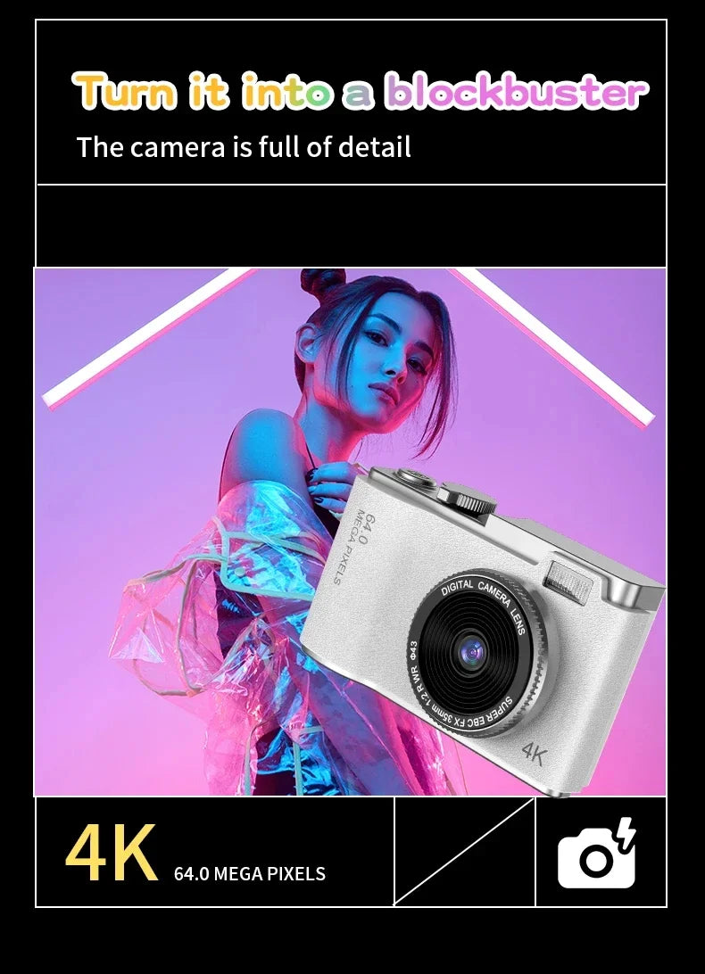 Digital Camera 4K HD Kid Camera 48MP Autofocus Vlogging Camera 2.4 Inch Retro Fashion Portable Video Camcorder for Beginners