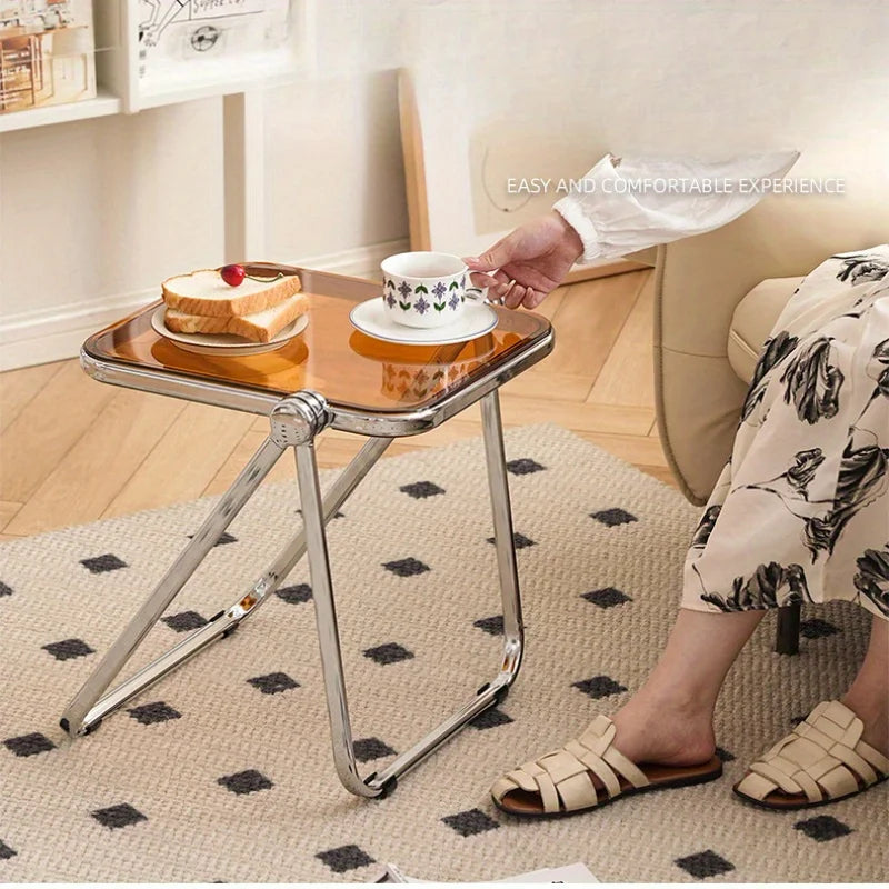 Transparent Folding Sofa side table Modern Coffee Table with Metal Frame, Ideal for Living Room Bedroom Compact Storage