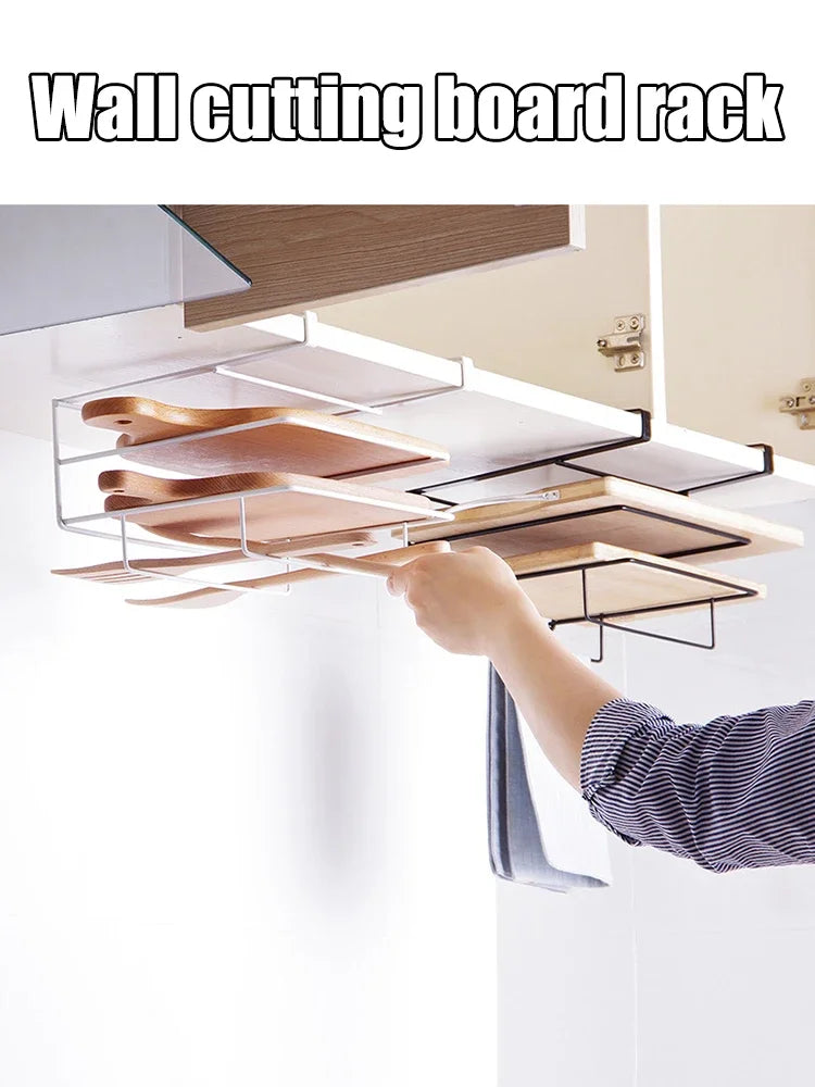 Cutting Board Kitchen Shelf, Double-Layer Perforation-Free Cabinet Hanger, Rag, Cutting Board Storage And Finishing Iron Hanger