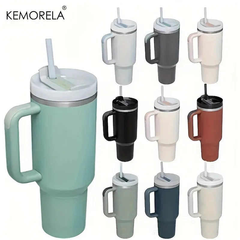 KEMORELA 1PC 900/1200ML Large Capacity Cold Cup Tumbler Stainless Steel Cup Straw Ice Cup Car Cup Handle Thermos Cup Drinkware