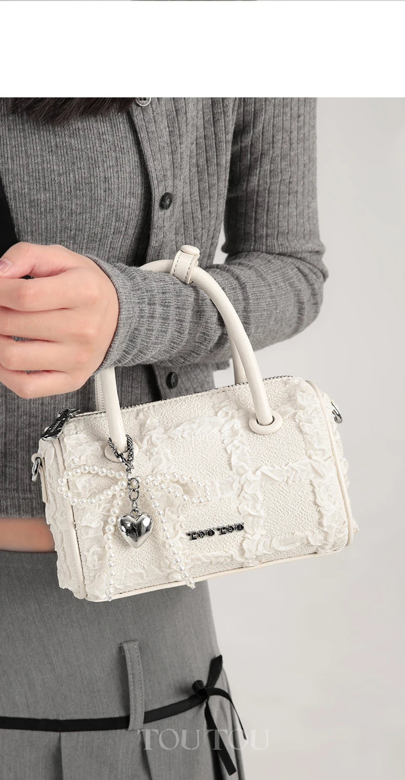 TOUTOU Women Boston Bowling Bag Charm Original Designer Brand White Handbag Adjustable Shoulder Strap Teacher Christmas Gift