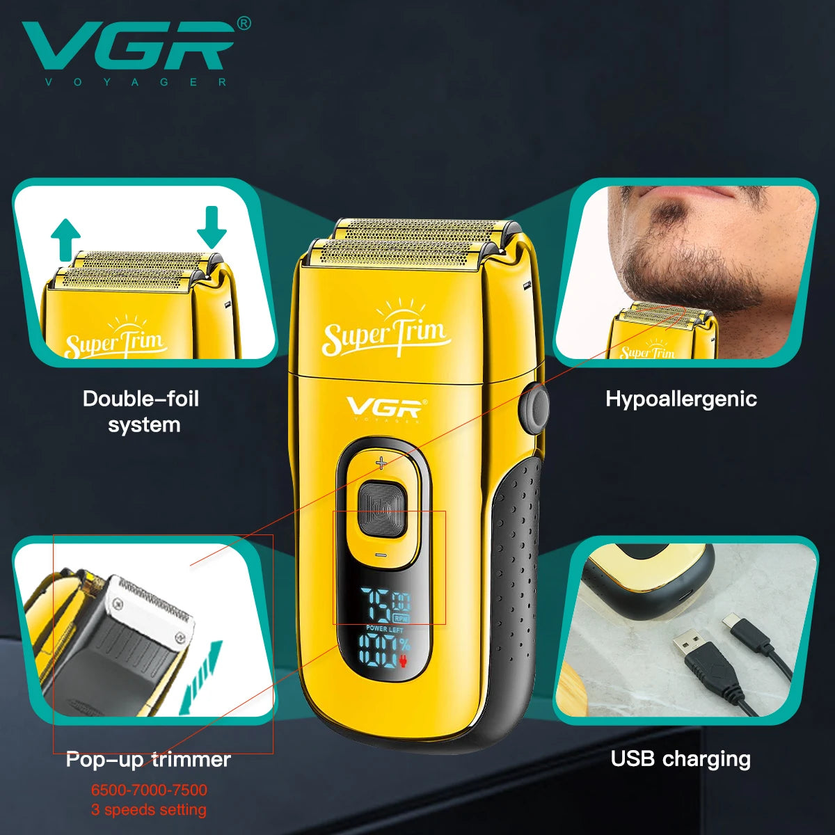 VGR Shaver Professional Beard Trimmer Electric Razor Portable Shaving Machine Reciprocating Hair Trimmer Shaver for Men V-332
