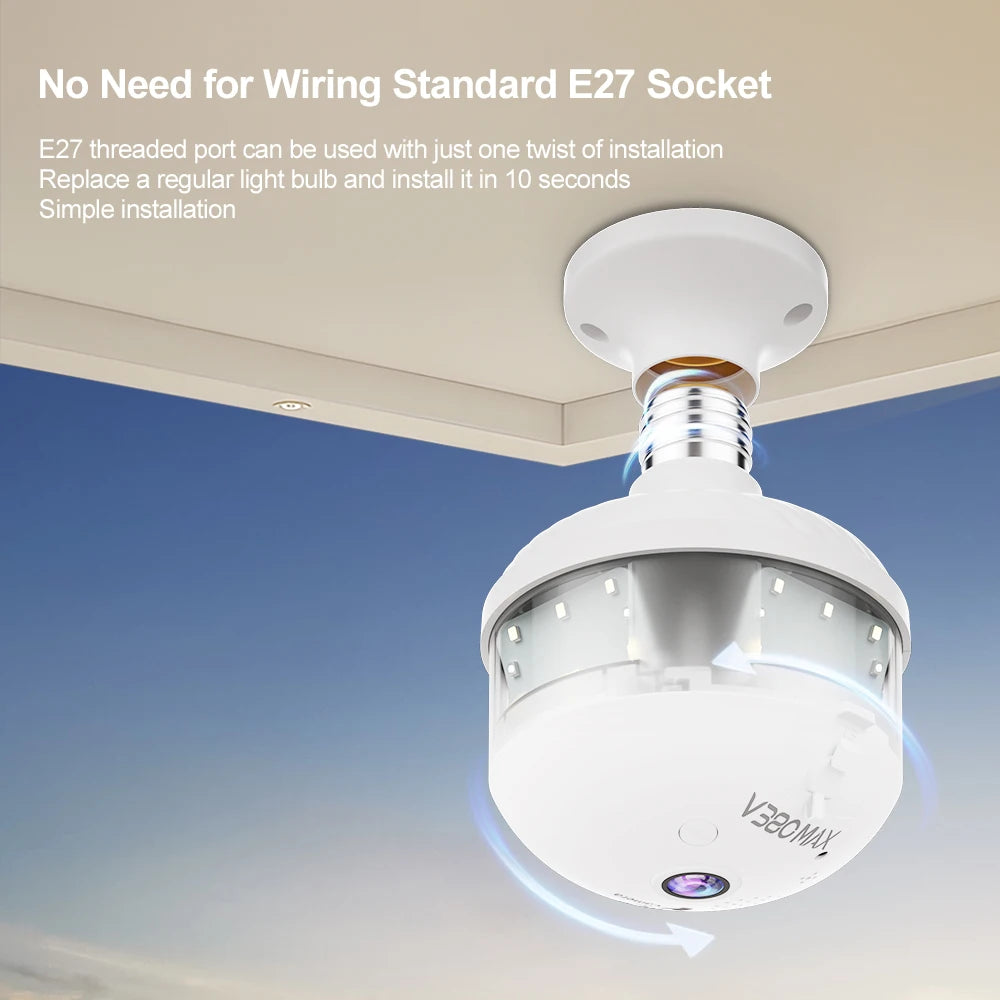 V380 PRO App 360 Panoramic View Bulb 3MP Camera Night Vision WiFi CCTV Fisheye Len Flood Light Camera