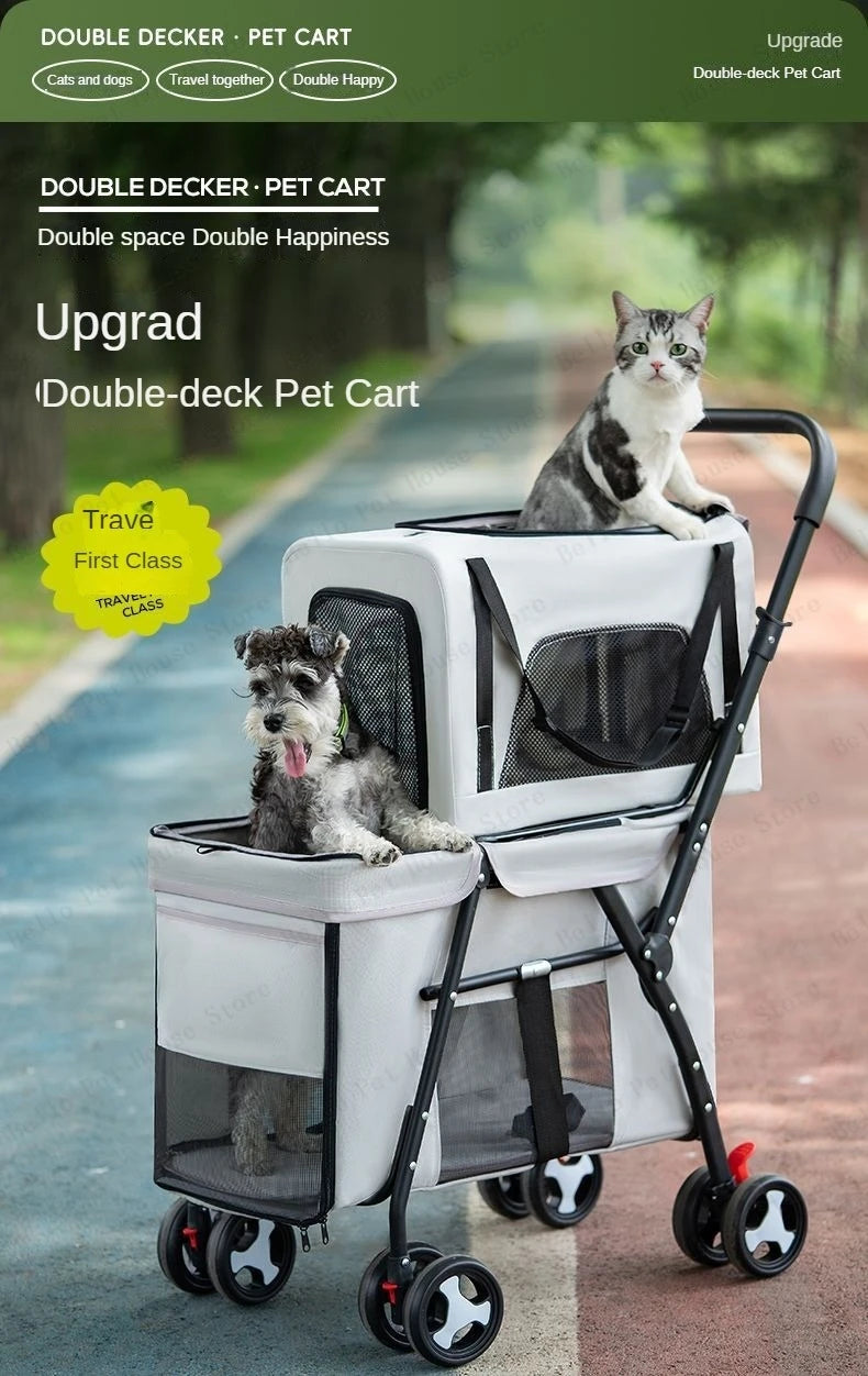 Multifunctional double-layer pet cart Lightweight and foldable pet outdoor travel stroller Ventilated and breathable dog cart