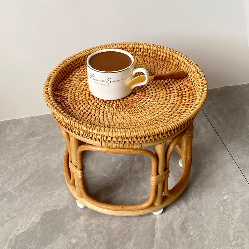 Handwoven Rattan Balcony Side Table Vintage Sofa Coffee Table  Durable Dessert and Snack Stand Japanese  Bedroom Organizer