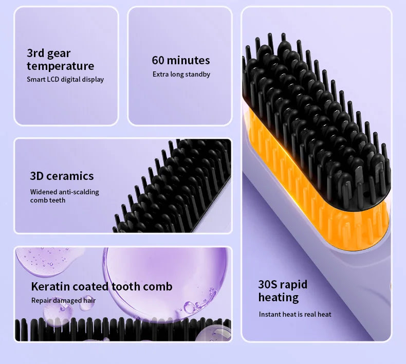 Electric Heating Straight Hair Comb LCD Screen USB Wireless Portable Negative Ion Styling Tool Rechargeable Straightening Brush