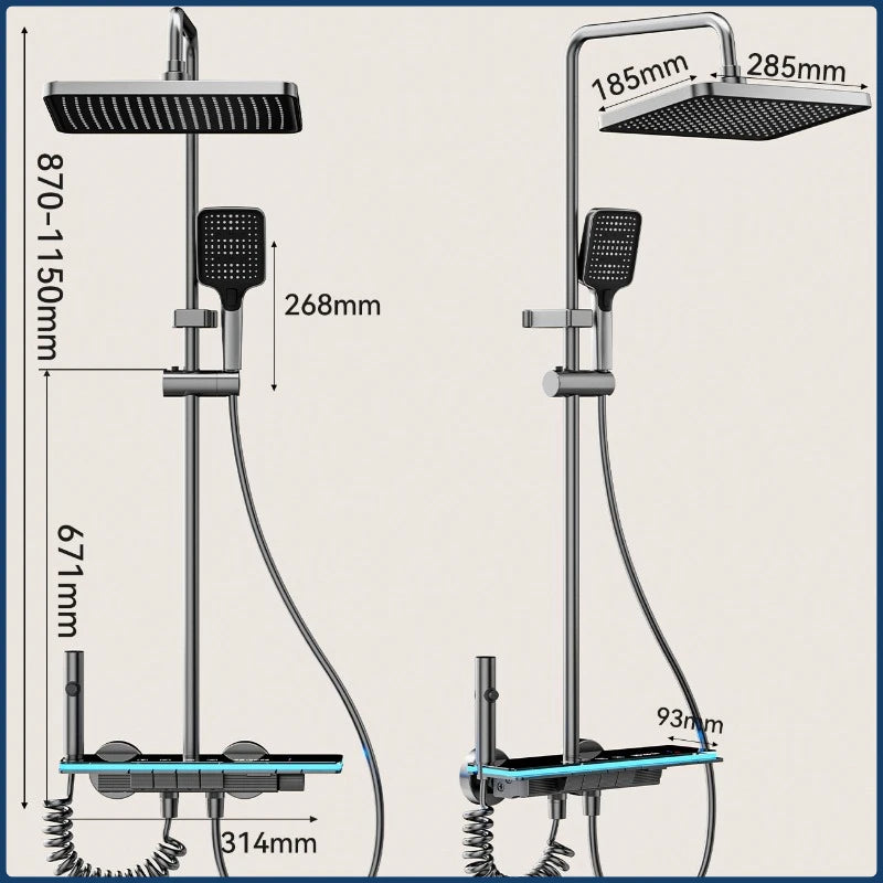Grey Four Mode Shower System Intelligent Digital Bathroom Shower Faucet Set Temperature Display Rainlfall Bathroom Shower Set