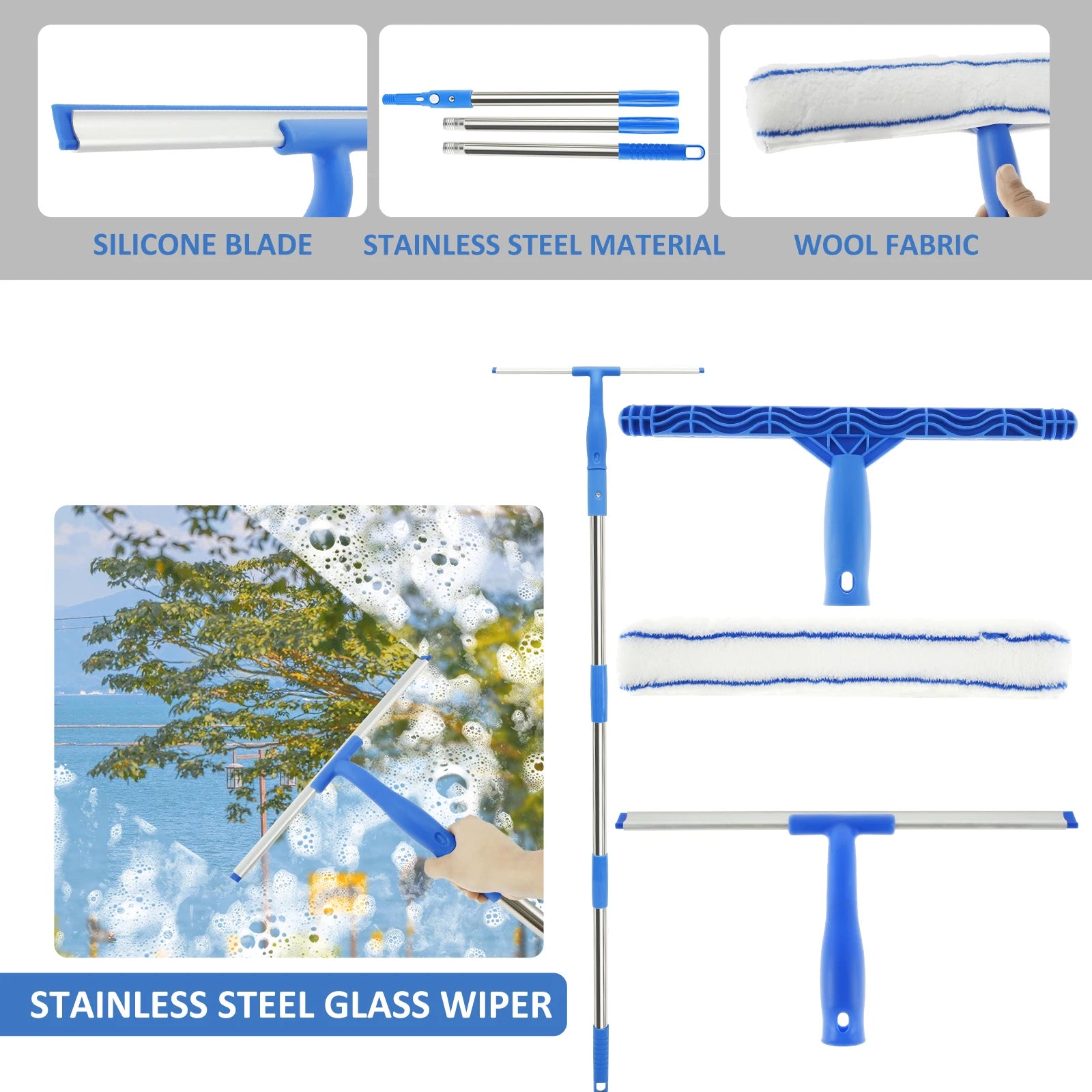 3 in 1 Glass Brush Windows Cleaner Squeegee with 53in Long Hand Professional Household Window Water Stain Cleaning Tool for Bath