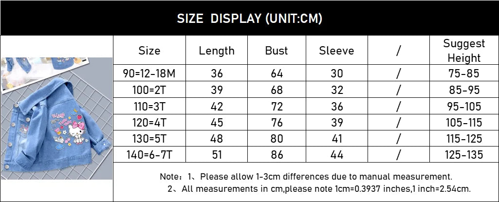 Fashion Baby Girls Hello Kitty Kuromi Denim Jacket Coat Spring Autumn Children Outerwear Kids Cotton Clothes for 2-7 Years