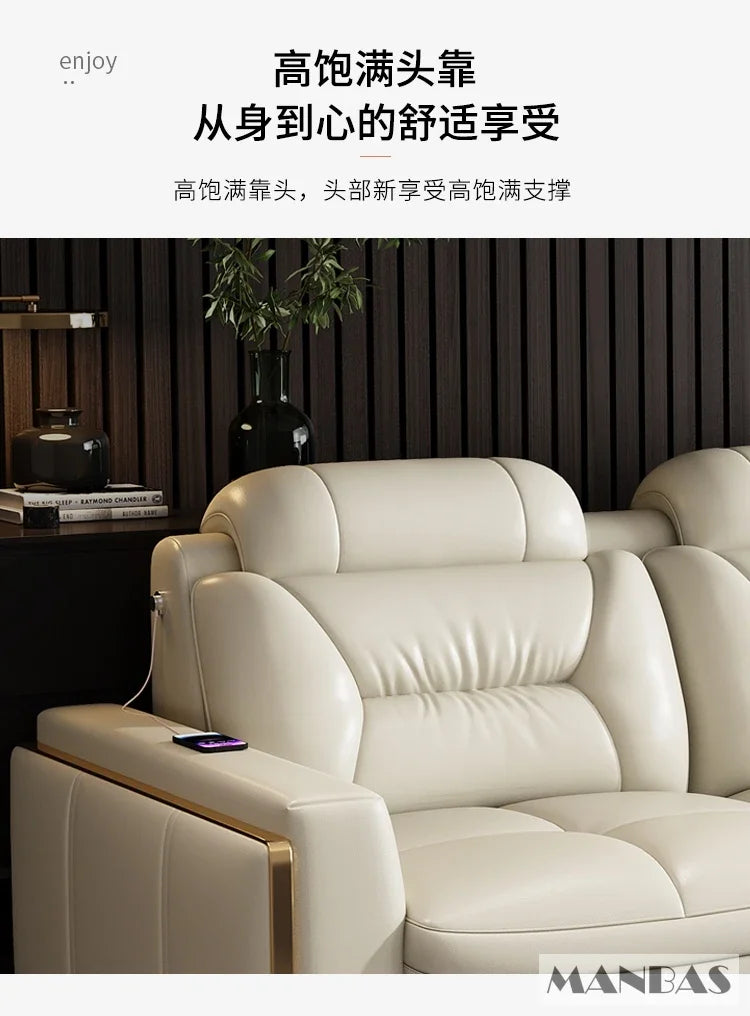 Premium Italian Genuine Leather Sectional Sofa Sets Couch Sofas with USB and Bluetooth Speaker - MANBAS Living Room Furniture