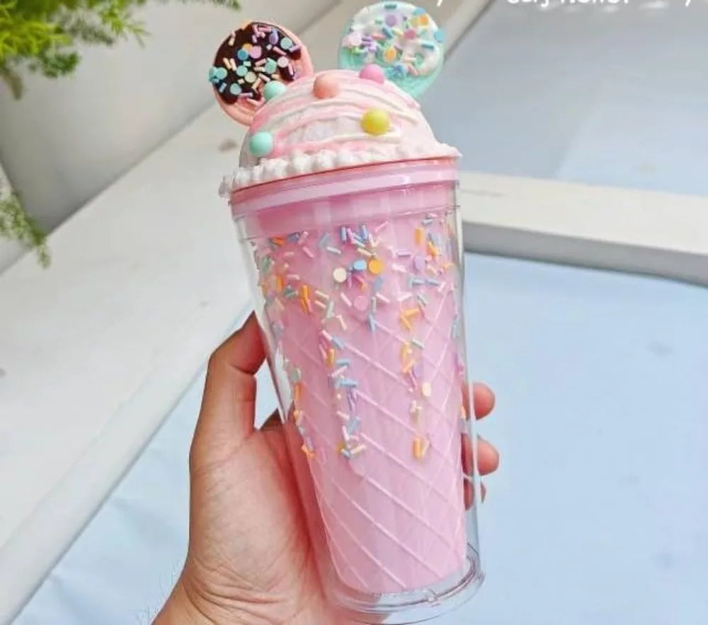 450ml Cute Straw Cup,Ice Cream Lids for Stanley Tumbler,Reusable Plastic Cups,Summer Drinkware Cold Brew,Girl Water Bottle Gift