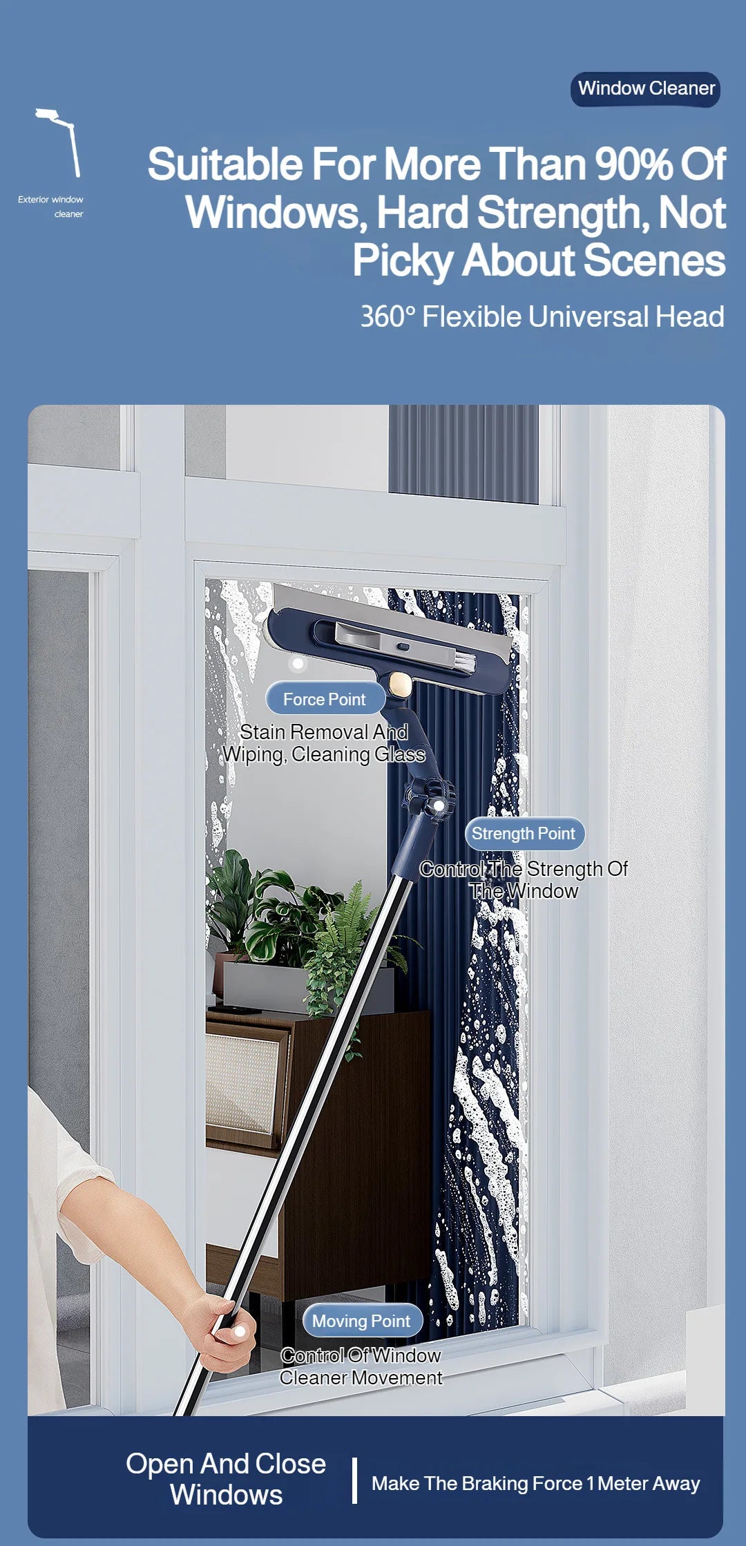 2in1 Highrise Glass Brush Window with Squeegee and Mini Brush Rotatable Glass Wiper Home Cleaning Tool for Glass,Walls and Floor