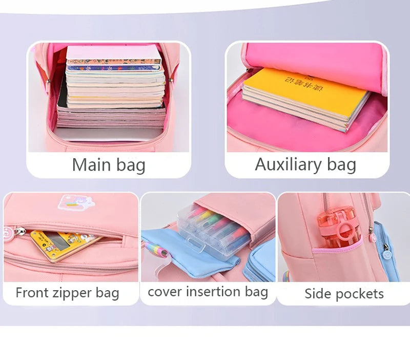 Kids Backpacks for Macaron Color Girls School Bookbag for Teenage Backpack Cute Multiple Pouch School Bag And Rainbow Pendant