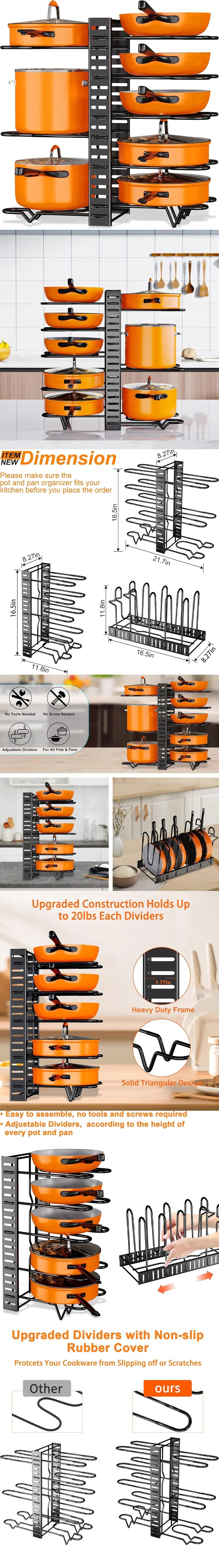 5/8-Tier Adjustable Pot Rack Organizer - Vertical Space-Saving Countertop Storage for Pans Multi-functional Kitchen Shelf