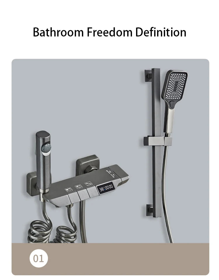New Design Gun Grey Bathroom Shower System Set Piano Keys Brass LED Digital Shower Faucet Bath Hot and Cold Mixer Shower Tap Set