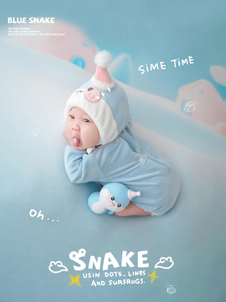 Baby Photography Clothes Cartoon Knitted Jumpsuit With Tail+Hat+Dolls 4pc/Set Newborn Costume Cute Snake Toy Pillow Accessories