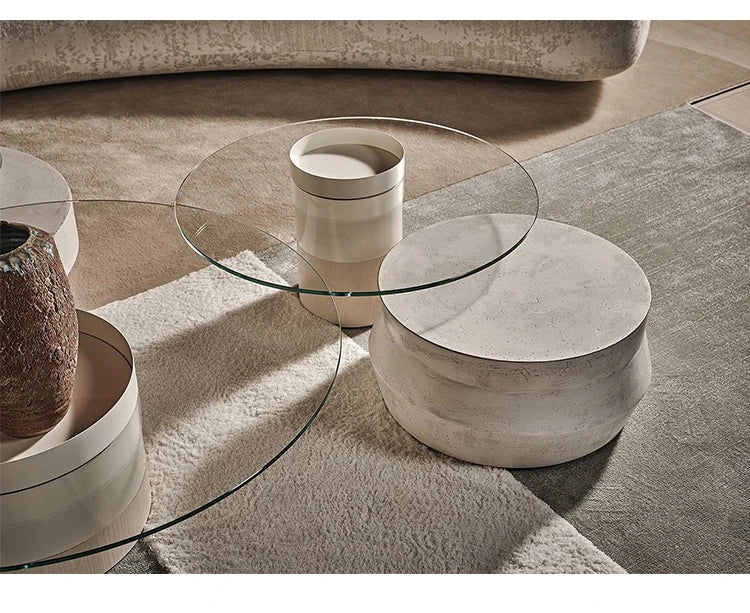 modern design round cement  glass top minimalist combination coffee table set living room furniture