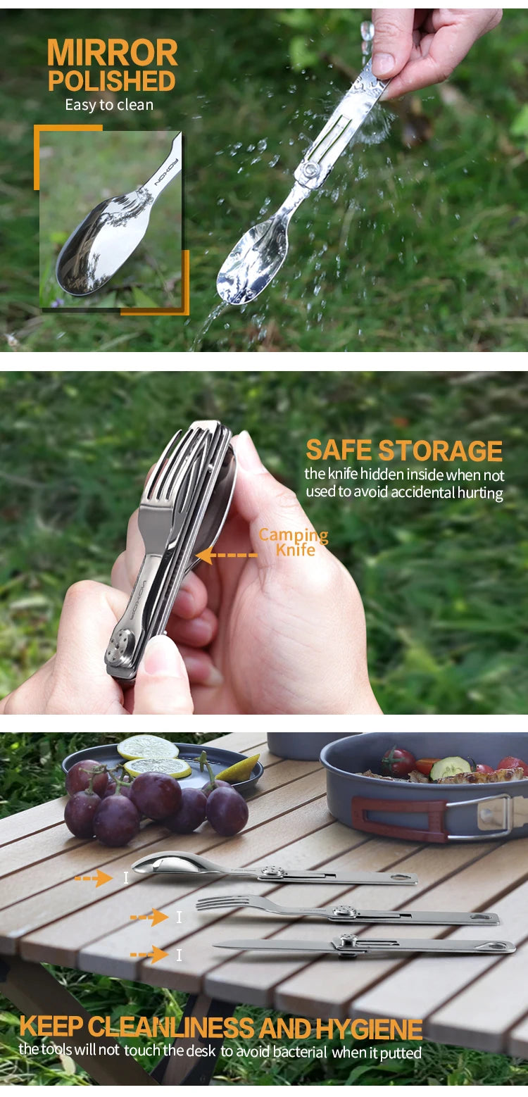 ROXON 3 IN 1 Camping Cutlery Set Knife Fork Spoon Stainless Steel Portable and Detachable