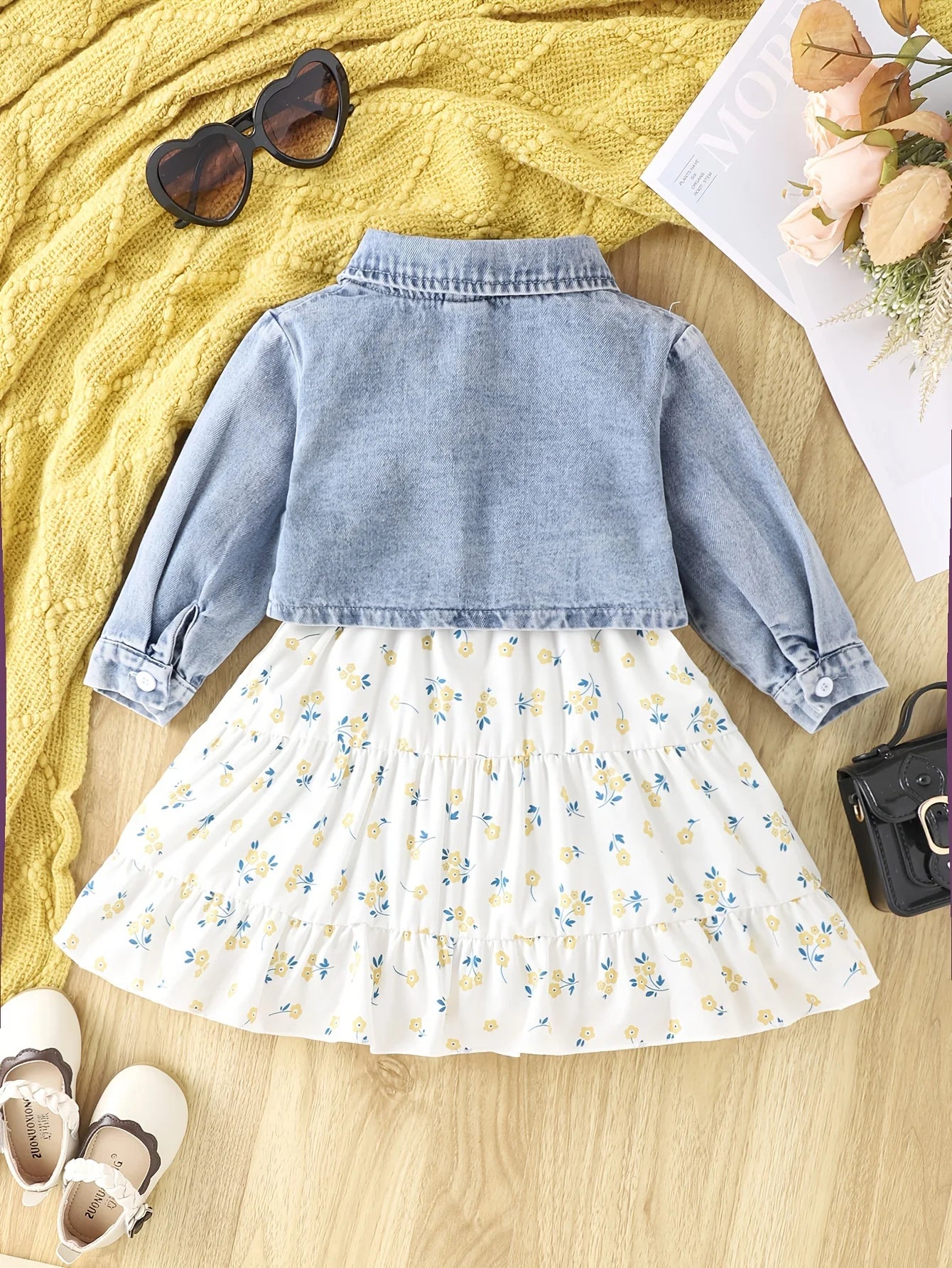 3pieces Four Seasons Leisure Travel Vacation Comfortable Denim Long Sleeve + Floral Dress Set With Halter Sweet Fashion