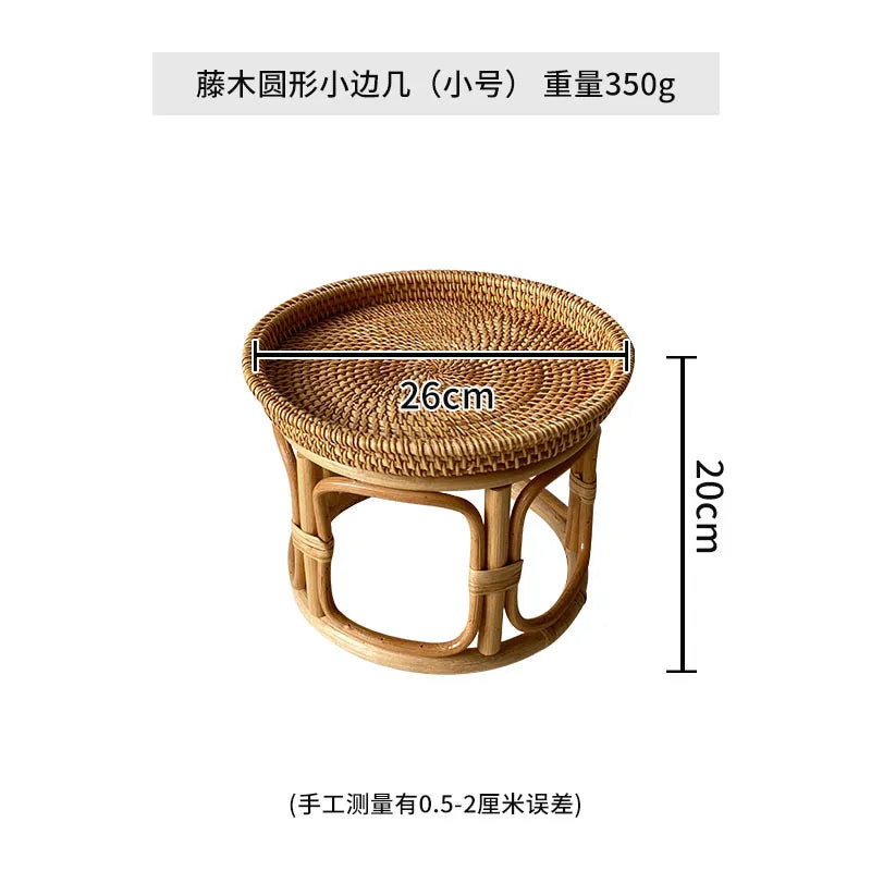Handwoven Rattan Balcony Side Table Vintage Sofa Coffee Table  Durable Dessert and Snack Stand Japanese  Bedroom Organizer