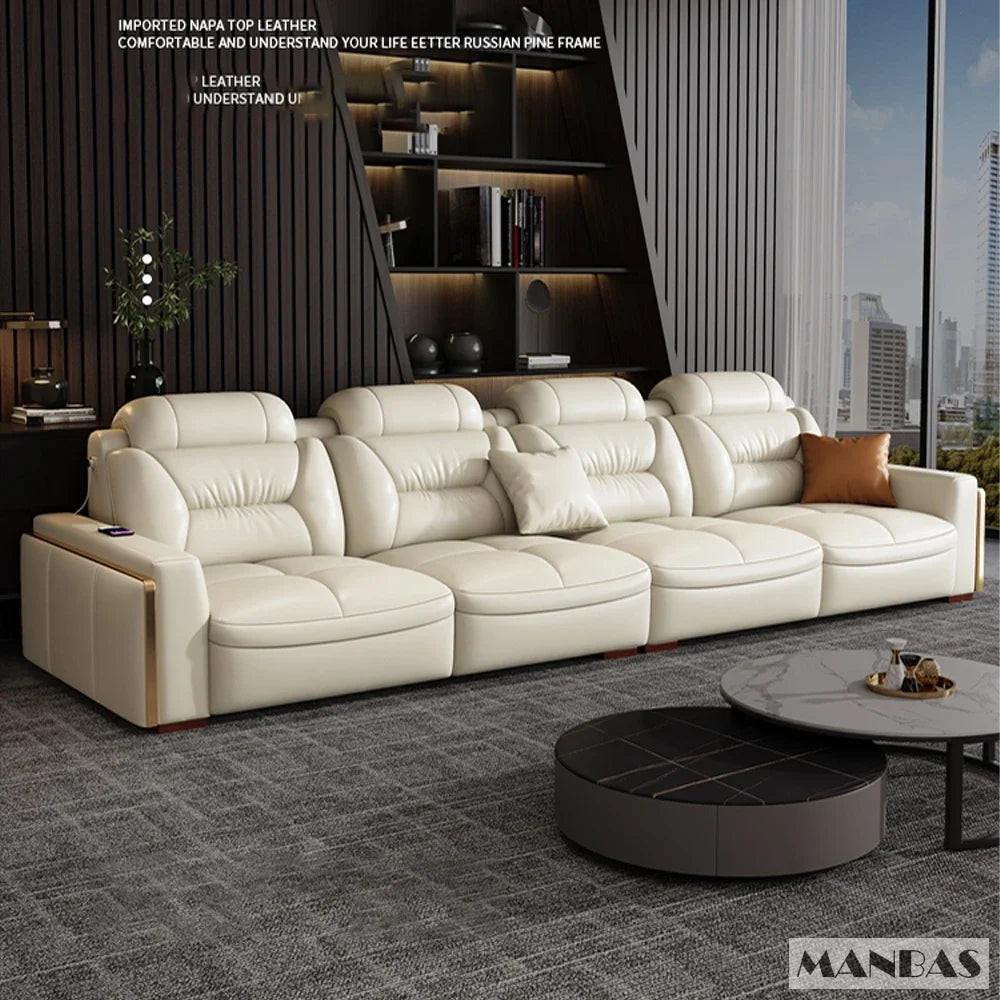 Premium Italian Genuine Leather Sectional Sofa Sets Couch Sofas with USB and Bluetooth Speaker - MANBAS Living Room Furniture