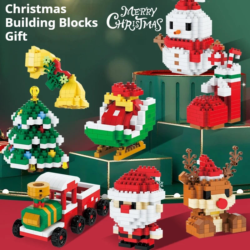 Christmas Gifts Micro Building Block DIY Domino Game Santa Claus Reindeer Holiday Puzzle Assembling Bricks Table Decoration Toys
