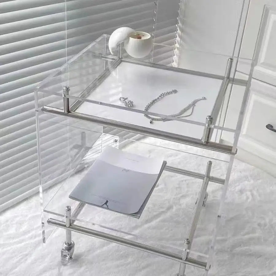 Acrylic Side Table Transparent Trolley Style Living Room Coffee Table Storage Cabinet Mobile Bedside Table Minimalist