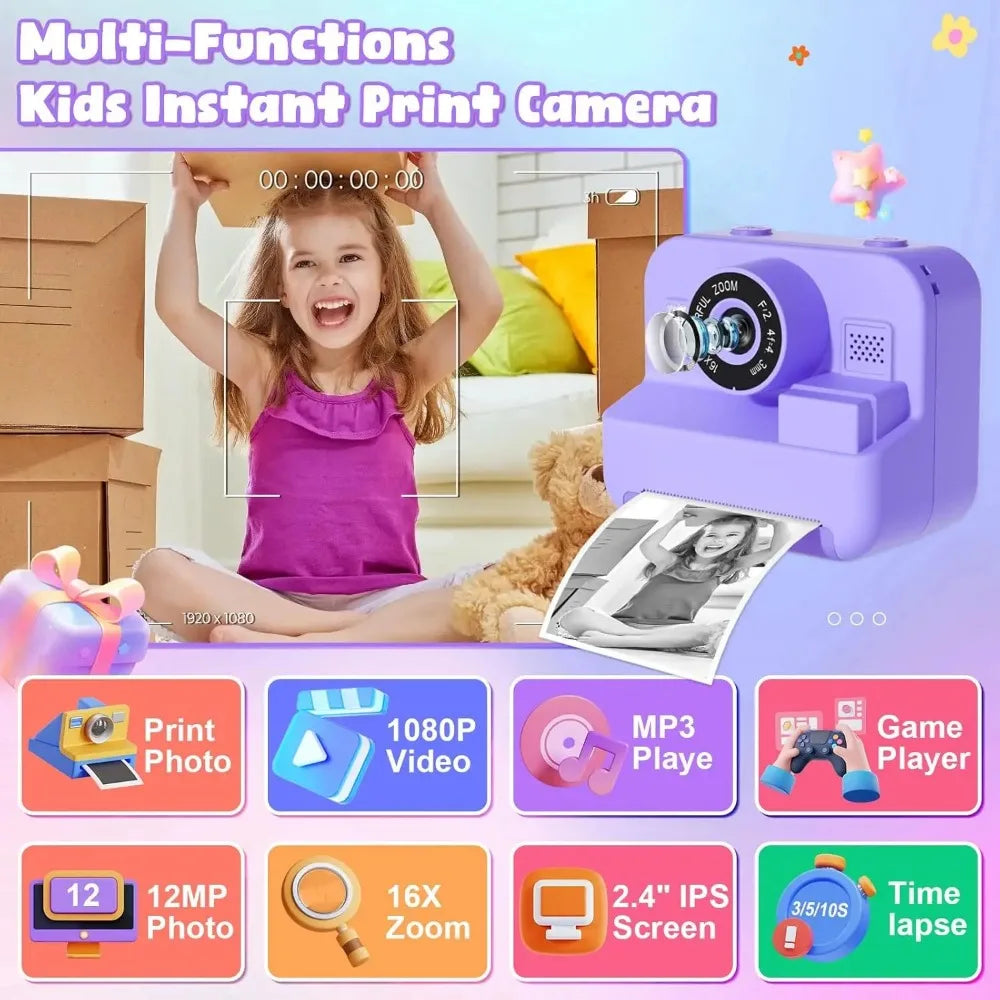Educational Thermal Instant Print Camera With 32G Card, 1080P Children Mini Digital  Video Camera for Kids Learning  Development