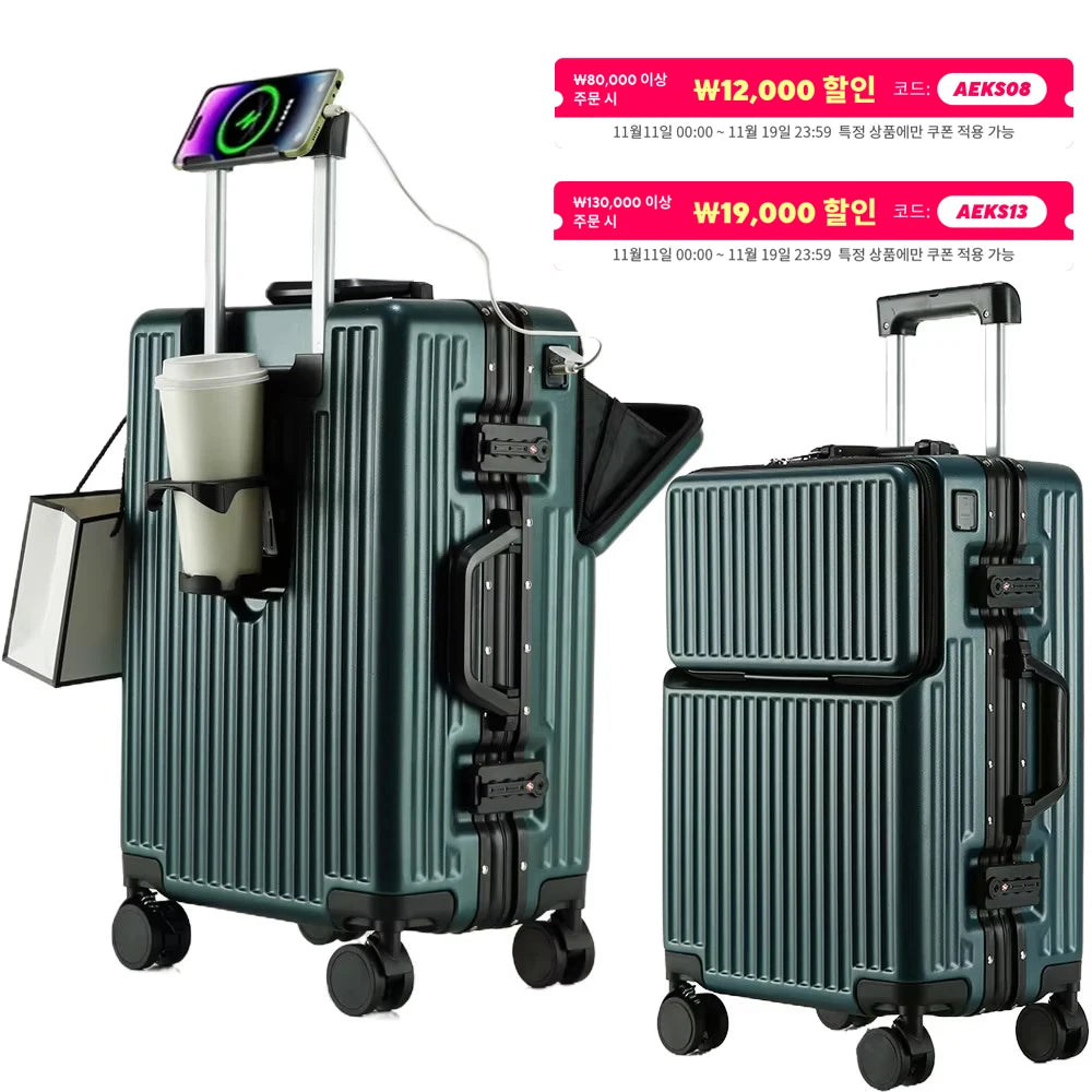 Aluminium Frame Rolling Luggage with Cup Holder Mobile Phone Holder Front Opening Suitcase Large capacity Travel Suitcase