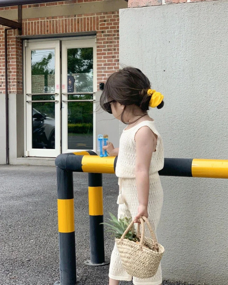 Girls Summer Clothing Set 2023 Kids Knitted Hollow Lace Suit Girl Fashion Breathable Vest + Wide Leg Pants Outfits Children Sets