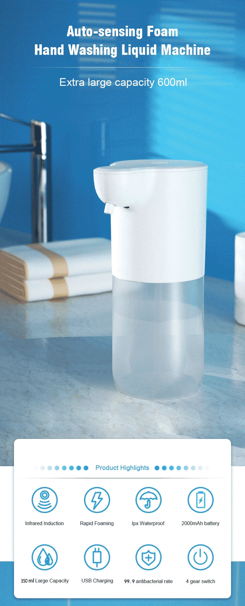 350ML Touchless Automatic Soap Foam Dispenser USB Rechargeable Foam Hand Washer Machine Bathroom Infrared Sensor Soap Dispenser