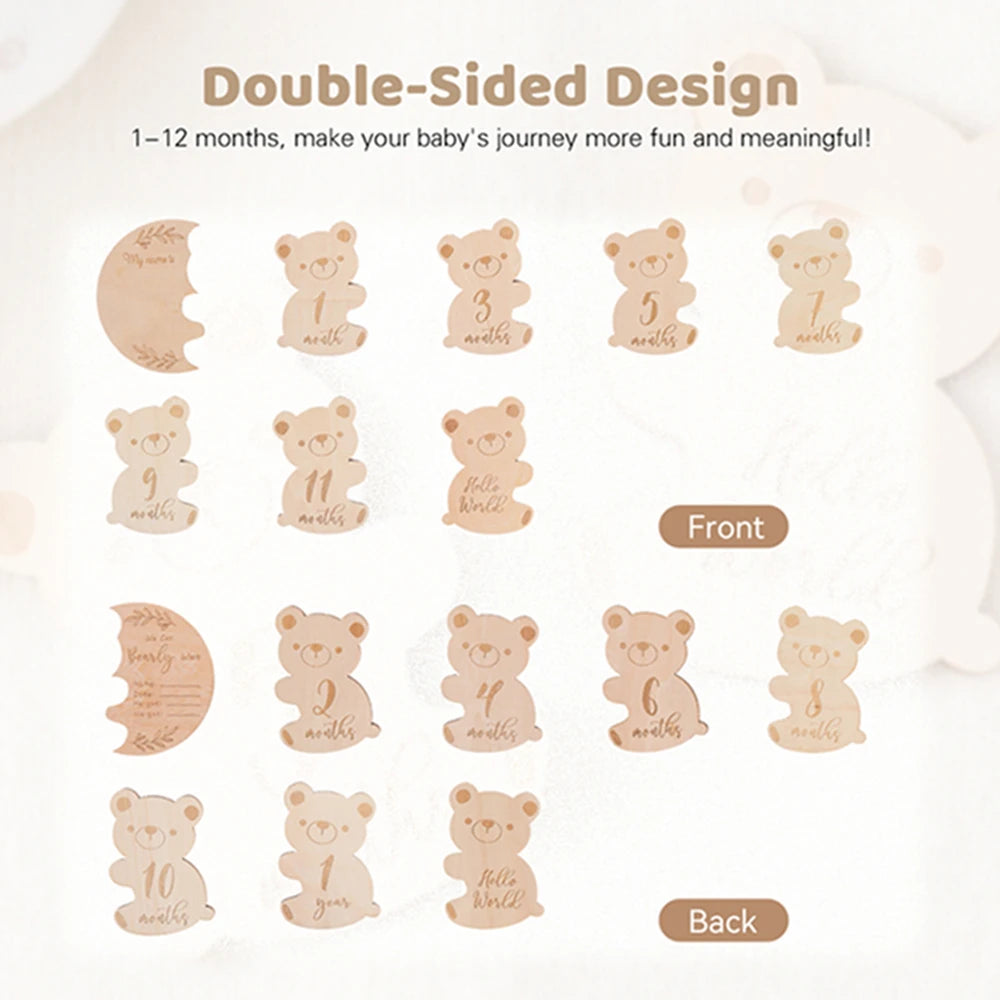 Baby Wooden Milestone Cards Bear Puzzles Memorial Monthly Cards for 0 12 Months Newborn Photography Accessories Birthing Gift